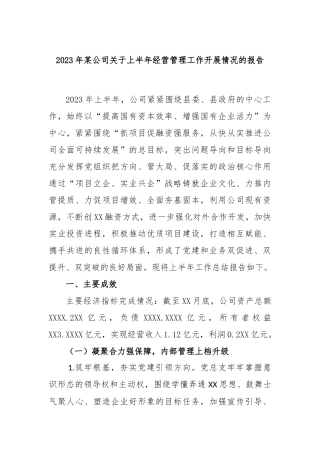2023年某公司关于上半年经营管理工作开展情况的报告