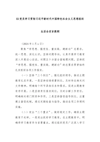 XX党员学习贯彻习近平新时代中国特色社会主义思想组织生活会发言提纲