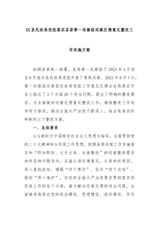 XX县民政局党组落实县委第一巡察组巡察反馈意见整改工作实施方案