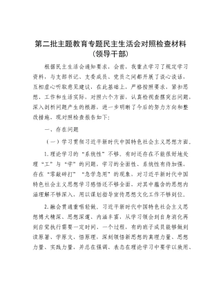 第二批主题教育专题民主生活会对照检查材料(领导干部)