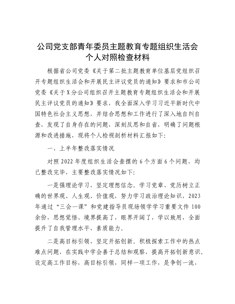 公司党支部青年委员主题教育专题组织生活会个人对照检查材料_第1页
