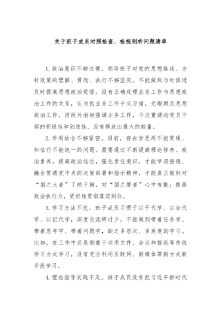 关于班子成员对照检查、检视剖析问题清单