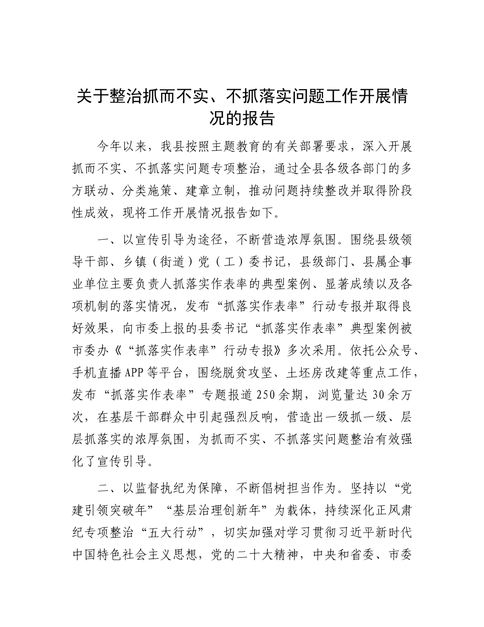 关于整治抓而不实、不抓落实 问题工作开展情况的报告_第1页