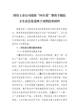 国有上市公司巡察“回头看”整改专题民主生活会党委班子对照检查材料