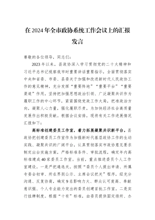 在2024年全市政协系统工作会议上的汇报发言