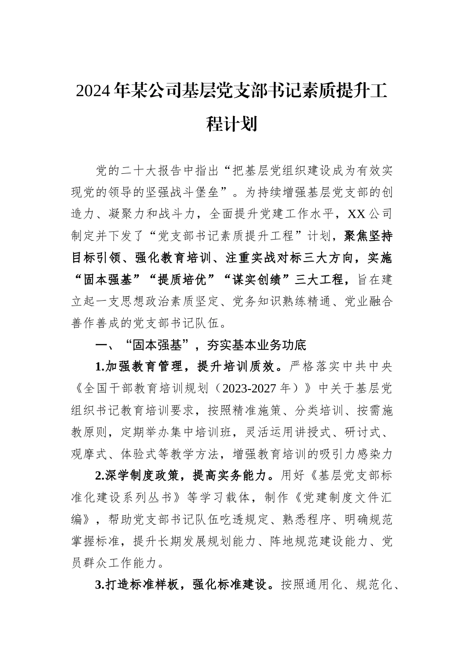 2024年某公司基层党支部书记素质提升工程计划_第1页