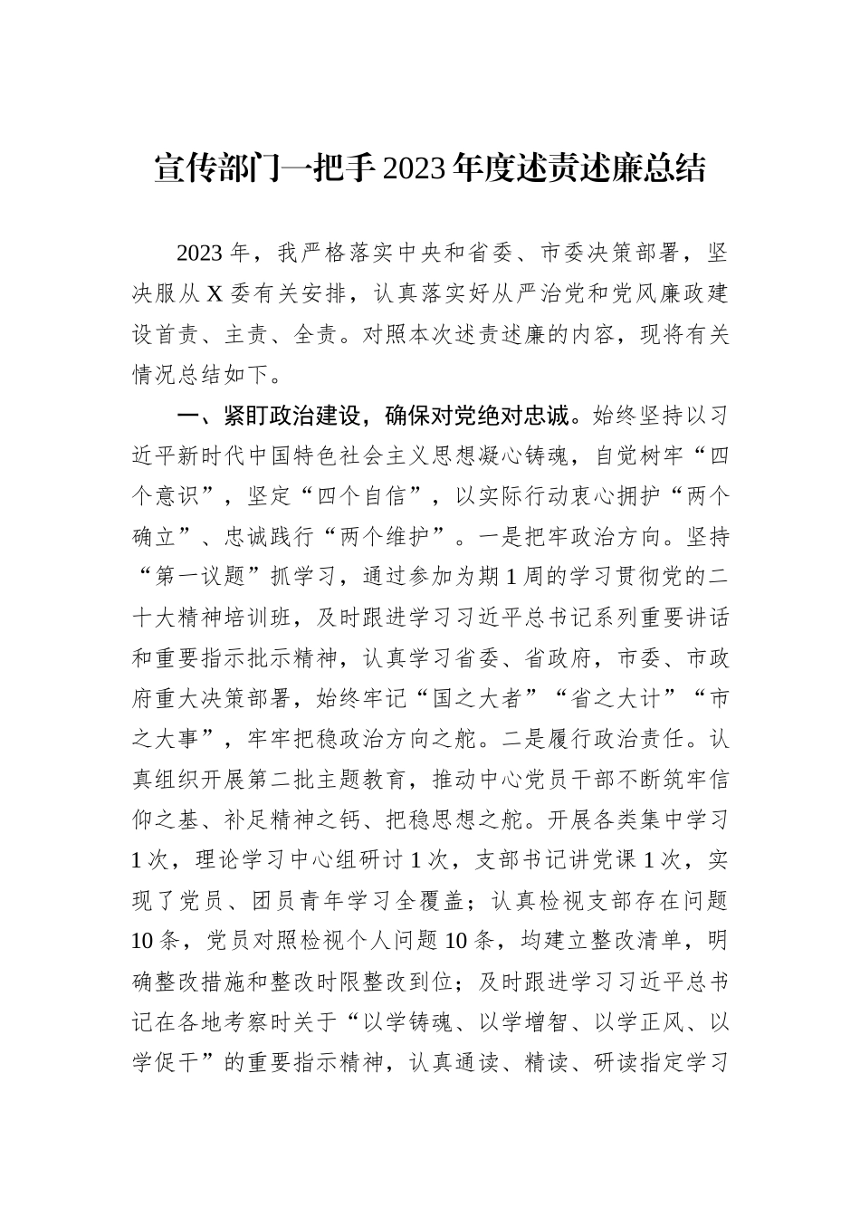 宣传部门一把手2023年度述责述廉总结_第1页