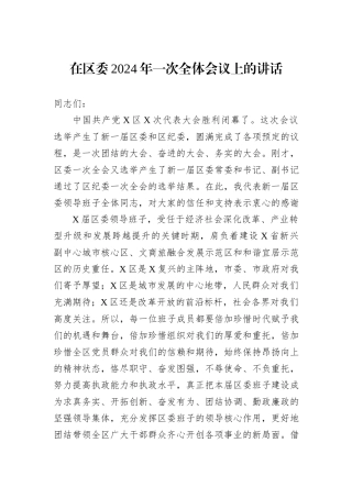 在区委2024年一次全体会议上的讲话