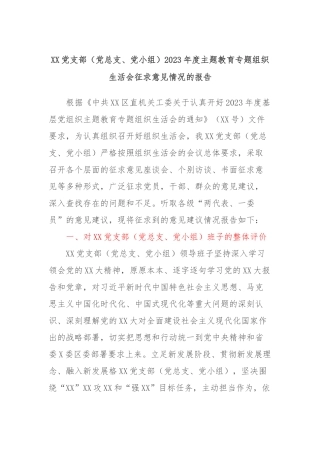 XX党支部（党总支、党小组）2023年度主题教育专题组织生活会征求意见情况的报告