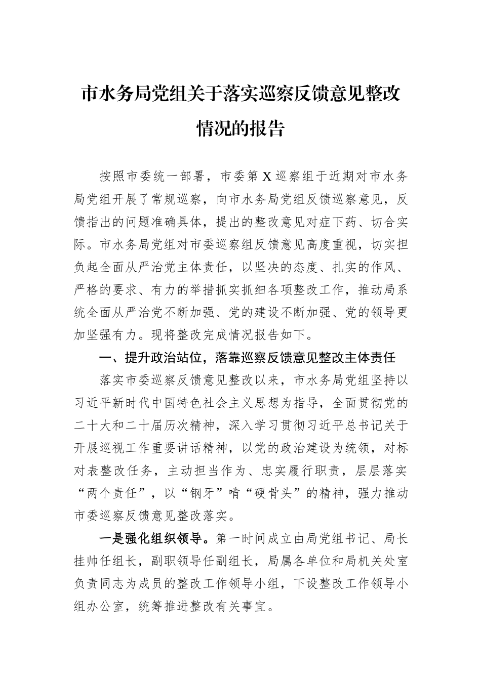 市水务局党组关于落实巡察反馈意见整改情况的报告_第1页