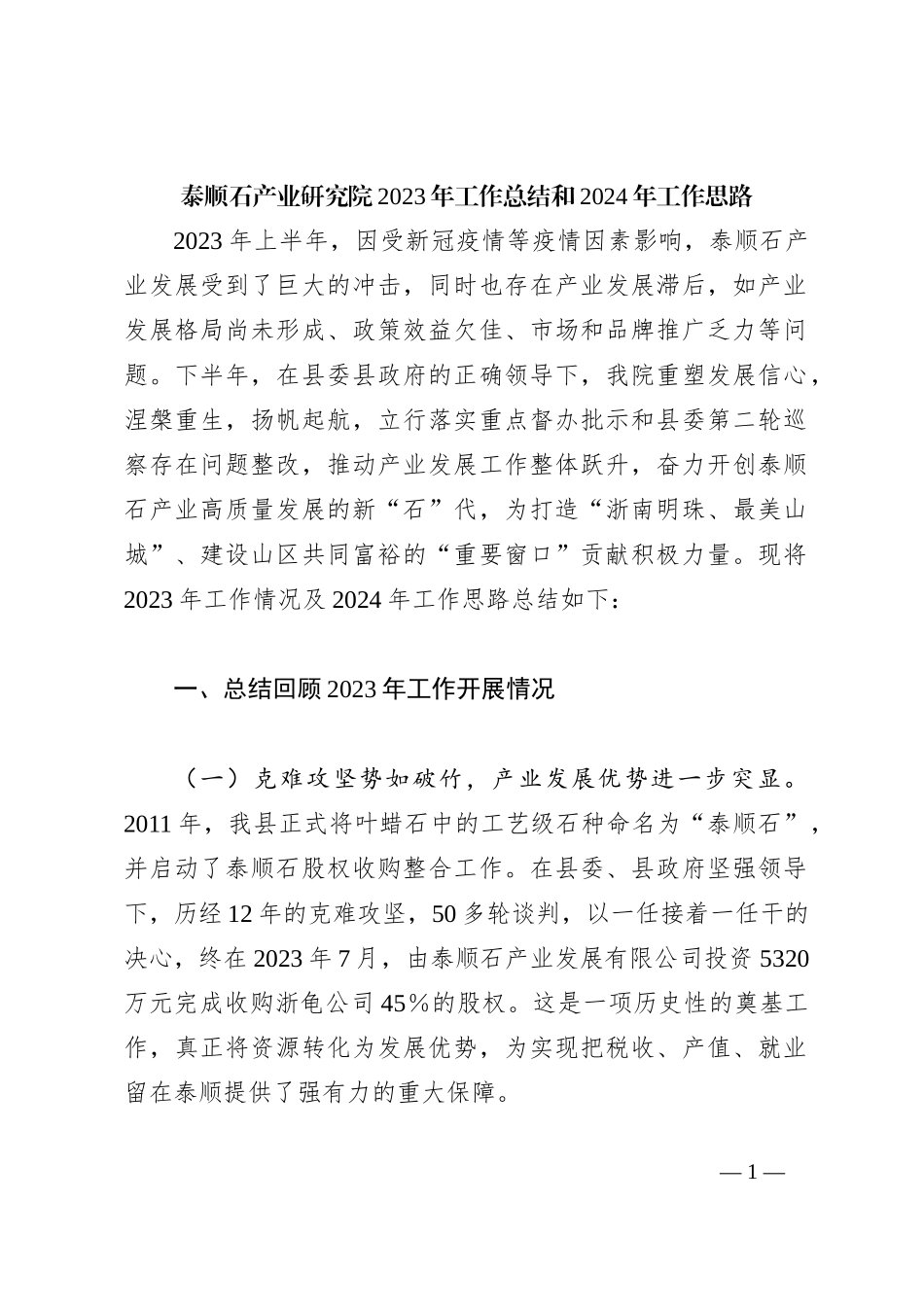泰顺石产业研究院2023年工作总结和2024年工作思路_第1页