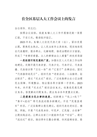 在全区基层人大工作会议上的发言