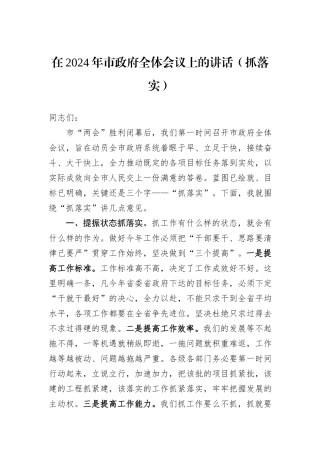 在2024年市政府全体会议上的讲话（抓落实）