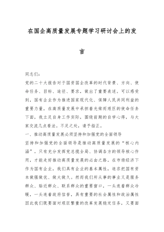在国企高质量发展专题学习研讨会上的发言稿