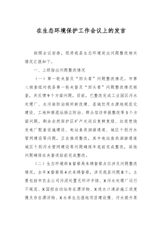 在生态环境保护工作会议上的发言稿