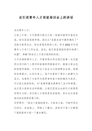 在引进青年人才岗前培训会上的讲话稿