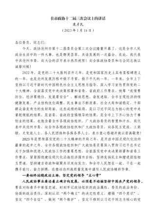 【高质量】康彦民：在市政协十二届三次会议上的讲话