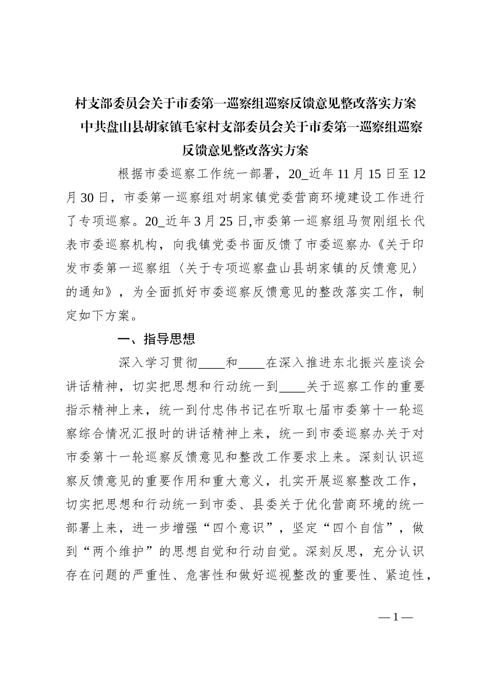 村支部委员会关于市委第一巡察组巡察反馈意见整改落实方案_第1页