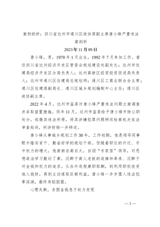 案例剖析：四川省达州市通川区政协原副主席唐小锋严重违法案剖析