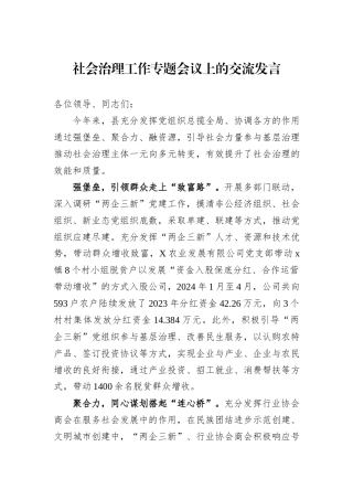 社会治理工作专题会议上的交流发言
