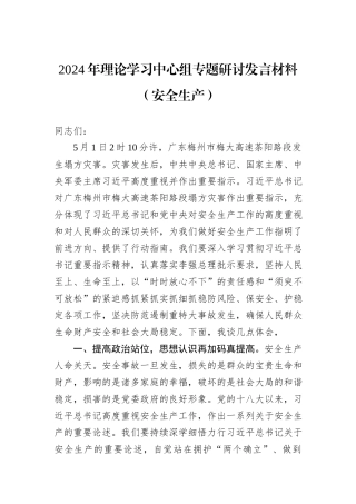 2024年理论学习中心组专题研讨发言材料（安全生产）