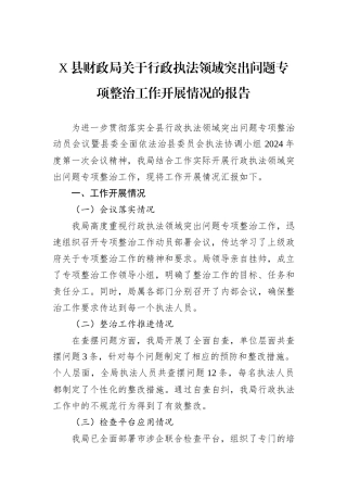 X县财政局关于行政执法领域突出问题专项整治工作开展情况的报告