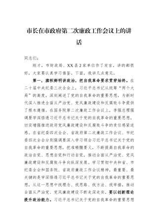 市长在市政府第二次廉政工作会议上的讲话