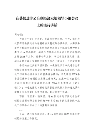 在县促进非公有制经济发展领导小组会议上的主持讲话
