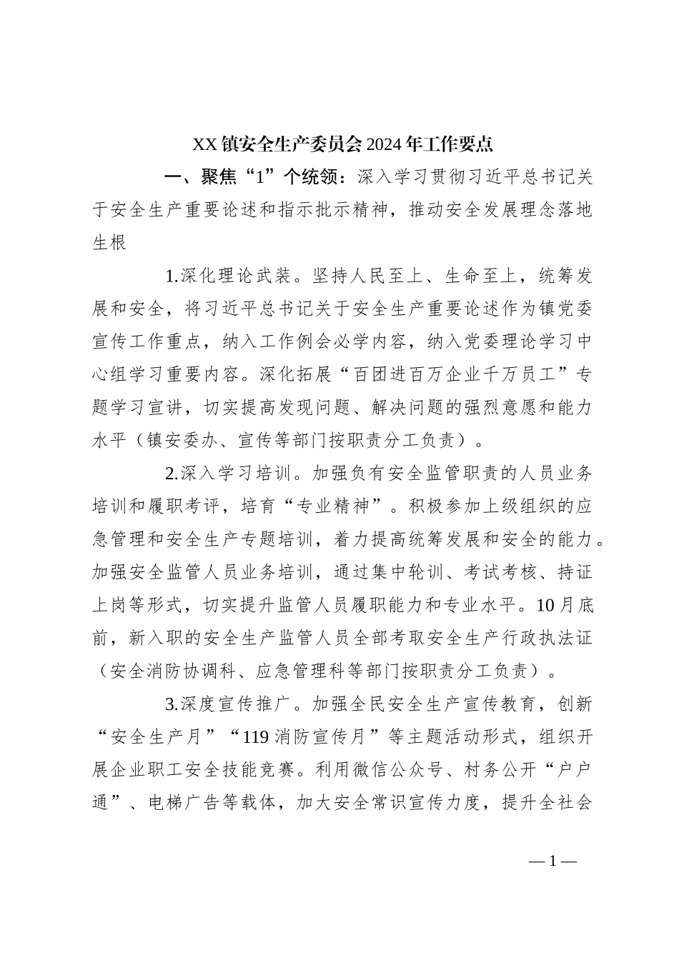 XX镇安全生产委员会2024年工作要点_第1页
