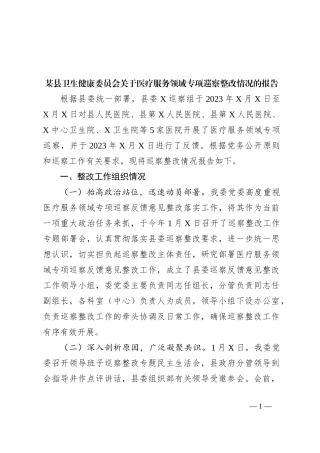 某县卫生健康委员会关于医疗服务领域专项巡察整改情况的报告