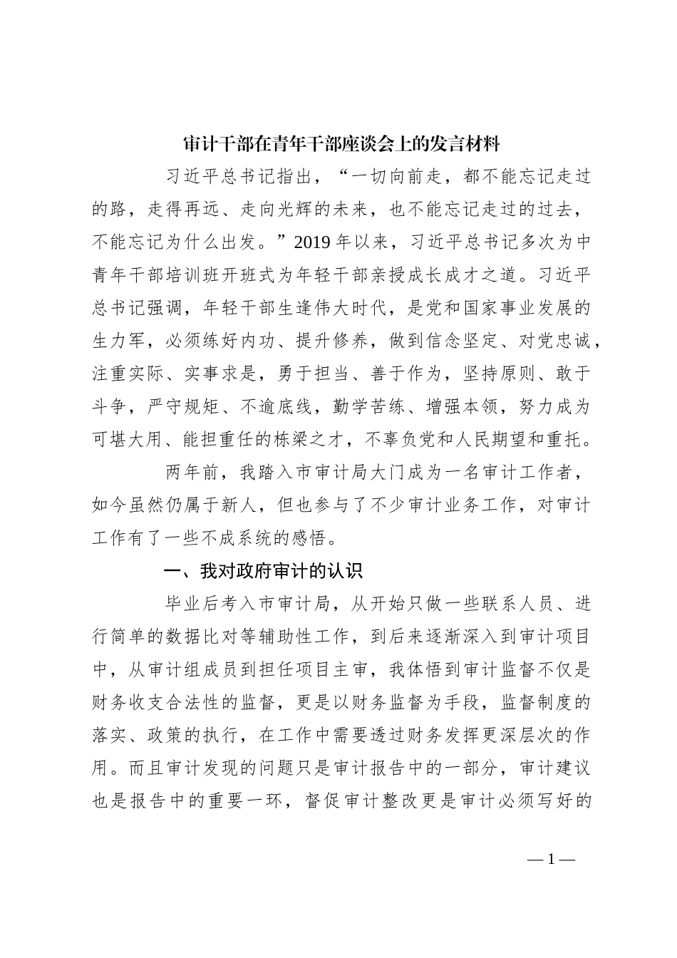 审计干部在青年干部座谈会上的发言材料_第1页