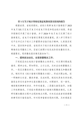 省X厅关于统计督察反馈意见整改落实情况的报告