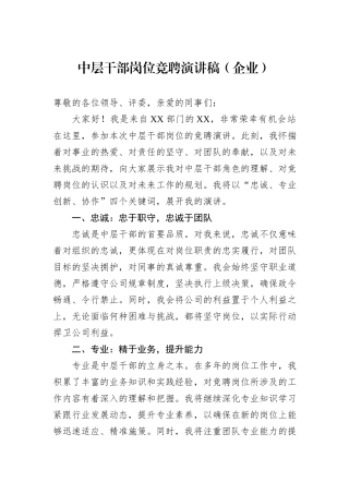 中层干部岗位竞聘演讲稿（企业）