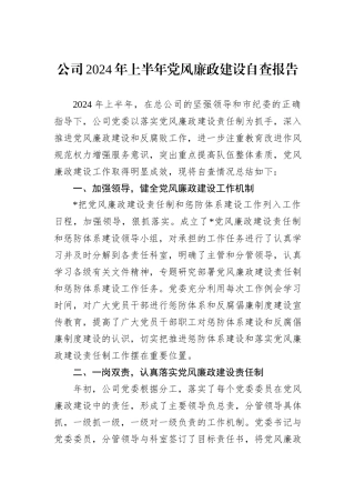 公司2024年上半年党风廉政建设自查报告