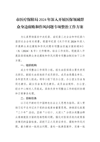 市医疗保障局2024年深入开展医保领域群众身边腐败和作风问题专项整治工作方案