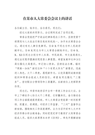 在某市人大常委会会议上的讲话