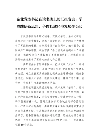 企业党委书记在读书班上的汇报发言：学思践悟新思想，争做县域经济发展排头兵