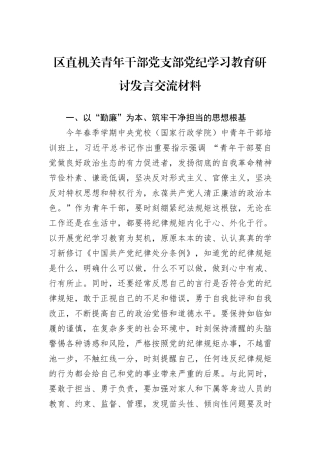 区直机关青年干部党支部党纪学习教育研讨发言交流材料
