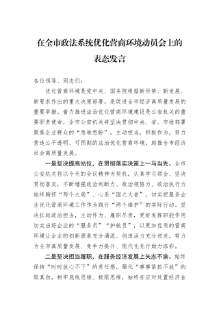 在全市政法系统优化营商环境动员会上的表态发言