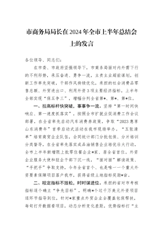 市商务局局长在2024年全市上半年总结会上的发言