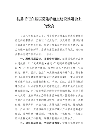 县委书记在基层党建示范点建设推进会上的发言