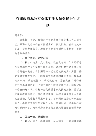 在市政府办公室全体工作人员会议上的讲话