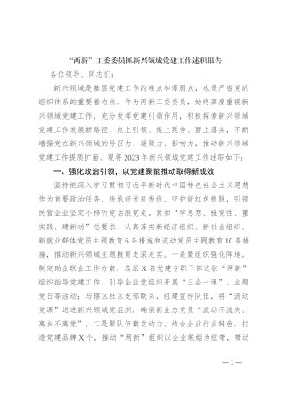 “两新”工委委员抓新兴领域党建工作述职报告