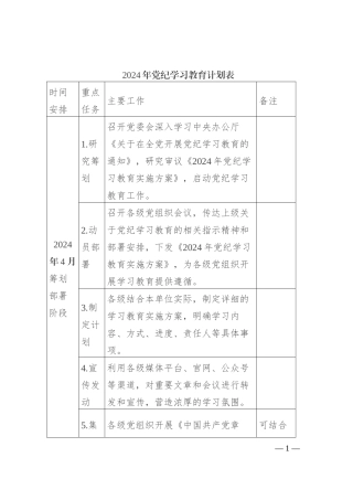 2024年党纪学习教育计划表