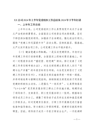 XX公司2024年上半年党委组织工作总结及2024年下半年打谱