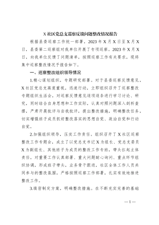 X社区党总支巡察反馈问题整改情况报告