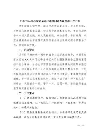 X市2024年医保基金违法违规问题专项整治工作方案