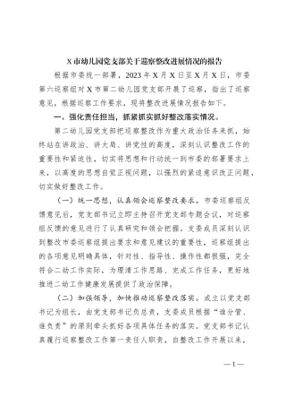 X市幼儿园党支部关于巡察整改进展情况的报告