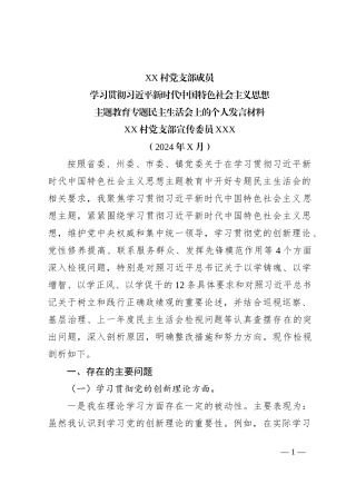 党支部成员主题教育专题民主生活会发言材料