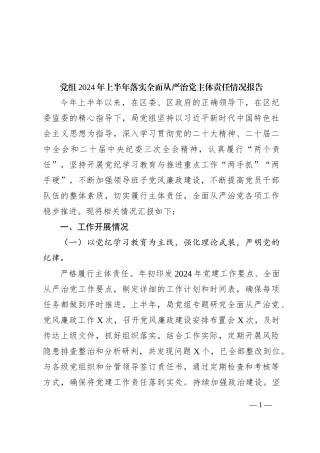党组2024年上半年落实全面从严治党主体责任情况报告